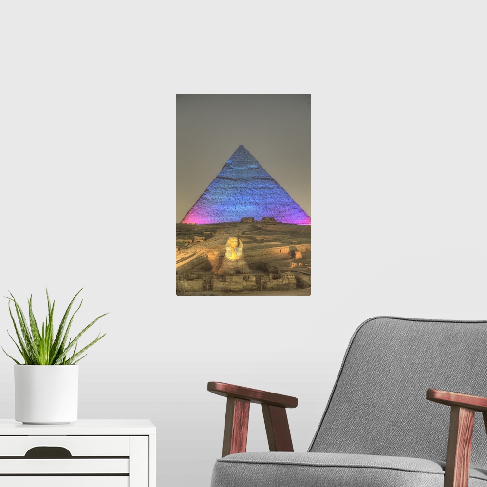 A modern room featuring Light Show, Sphinx, Khafre Pyramid in the background, Great Pyramids of Giza, UNESCO World Herita...