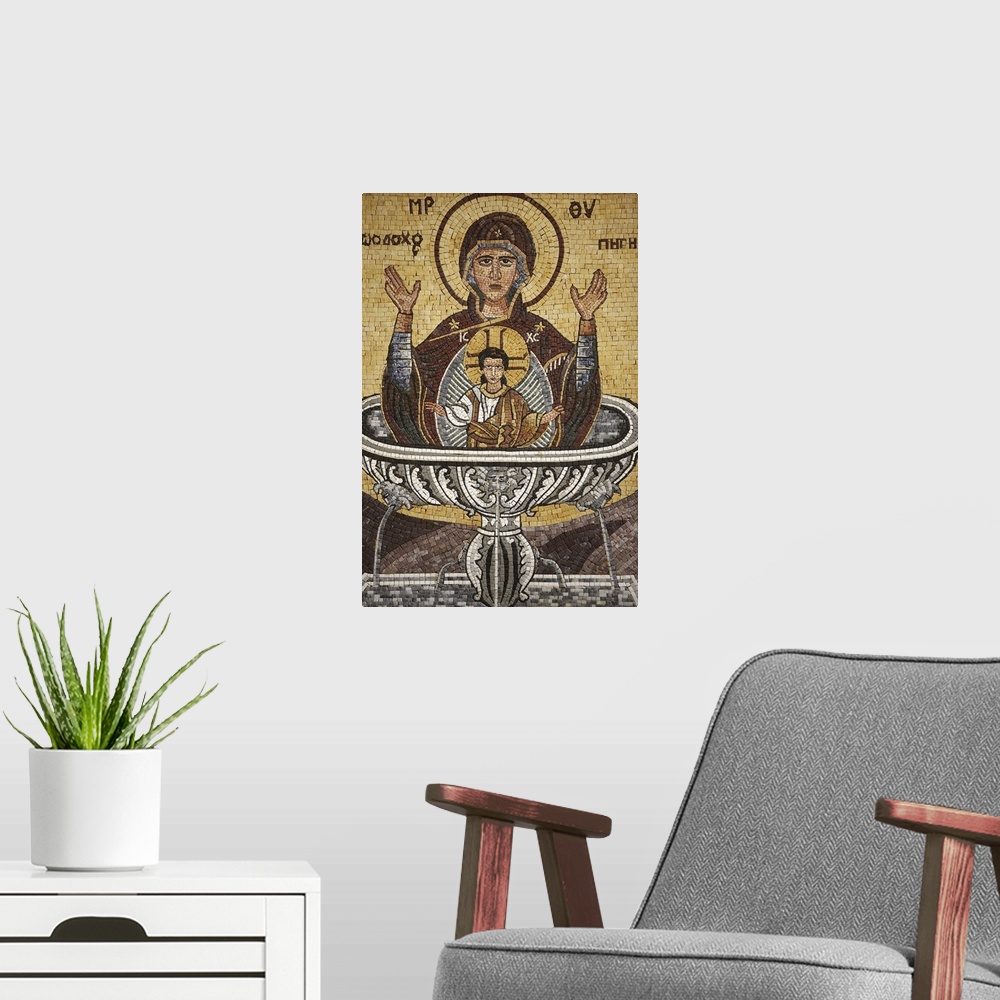 A modern room featuring Greek Orthodox icon depicting Mary as a well of life, St. George's Orthodox church, Madaba, Jorda...