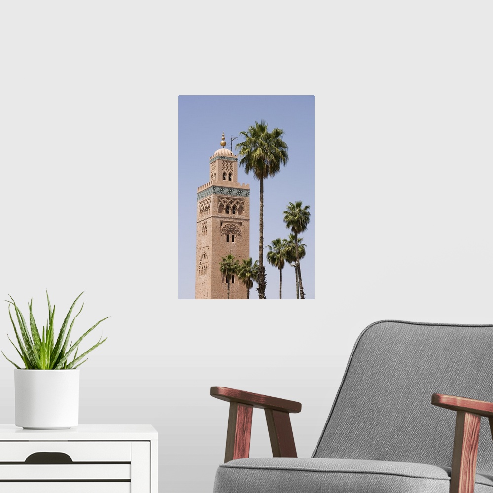 A modern room featuring Minaret and palm trees, Koutoubia Mosque, Marrakech, Morocco, North Africa, Africa