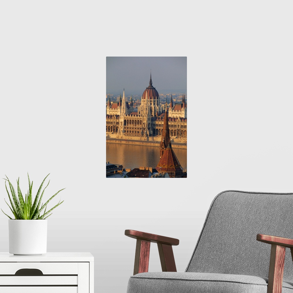 A modern room featuring Parliament building and the Danube River from the Castle district, Budapest, Hungary