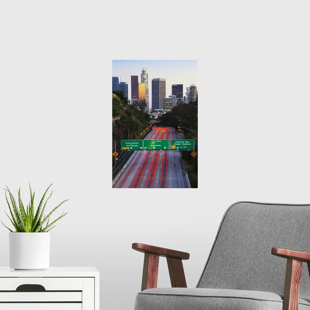 A modern room featuring Pasadena Freeway (CA Highway 110) leading to Downtown Los Angeles, California