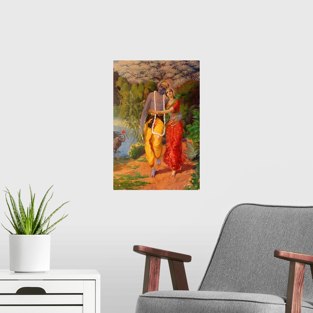 A modern room featuring Picture of Krishna and Radha displayed in an ISKCON temple, Sarcelles, Seine St. Denis, France, E...