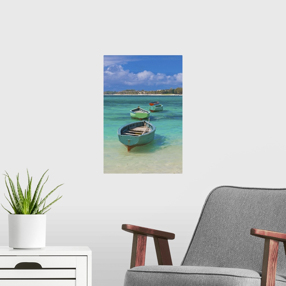 A modern room featuring Small fishing boats in the turquoise sea, Mauritius, Indian Ocean, Africa