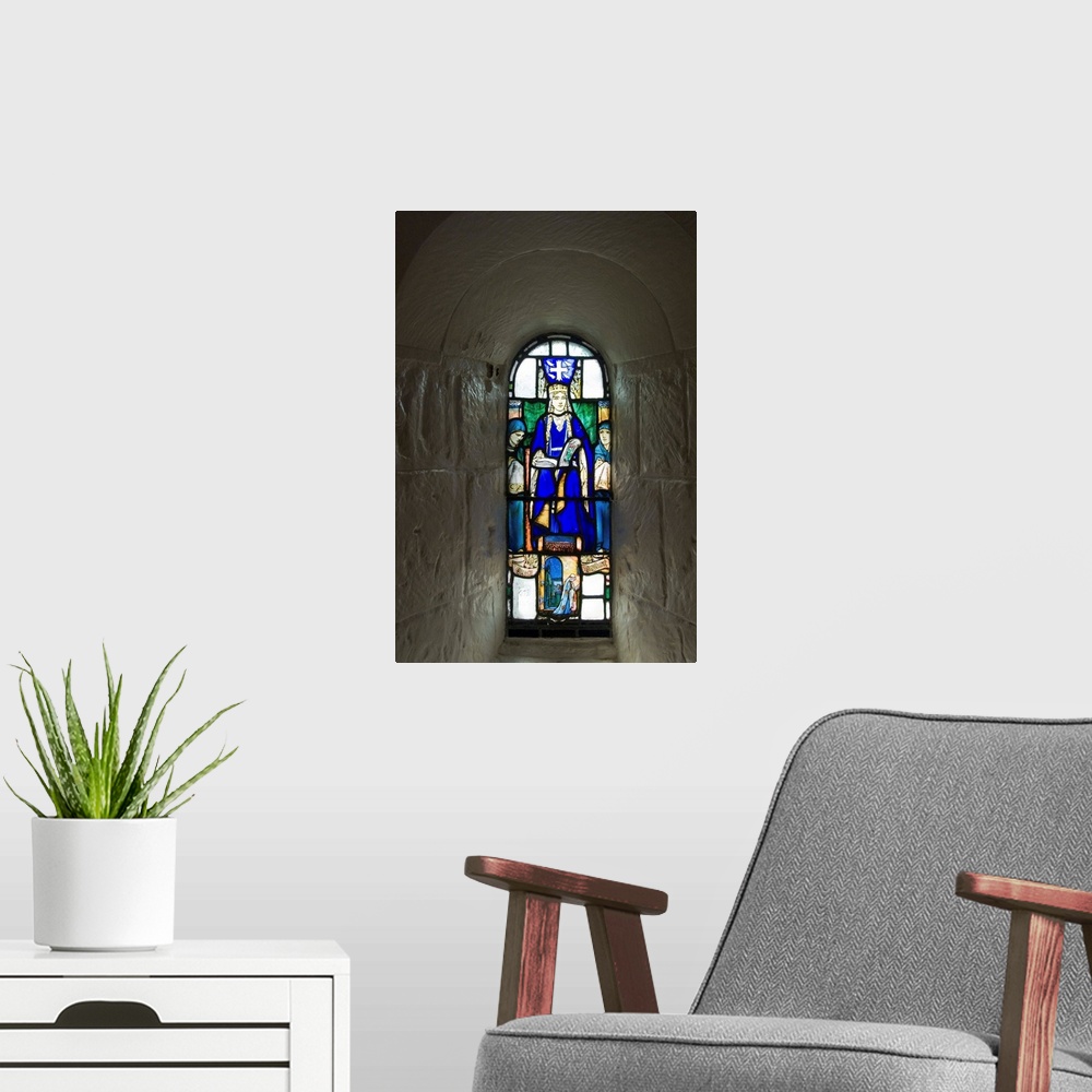 A modern room featuring Stained glass windows in St. Margarets Chapel, Edinburgh, Lothian, UK