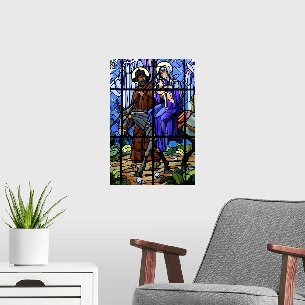 A modern room featuring Stained glass window of the Flight into Egypt, in Chedde church, Haute Savoie, France, Europe.