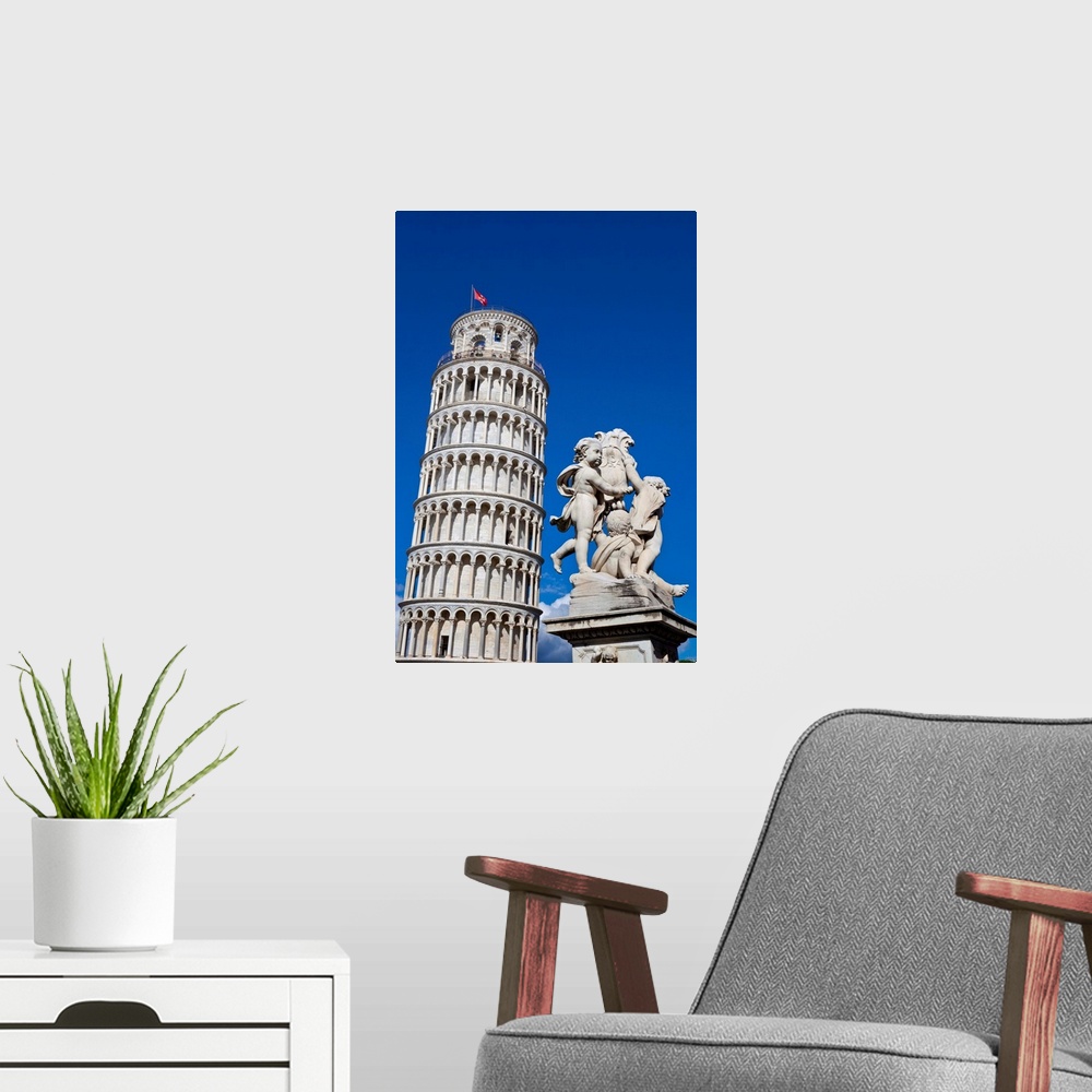 A modern room featuring The Leaning Tower of Pisa, campanile or bell tower, Fontana dei Putti, Piazza del Duomo, Pisa, Tu...