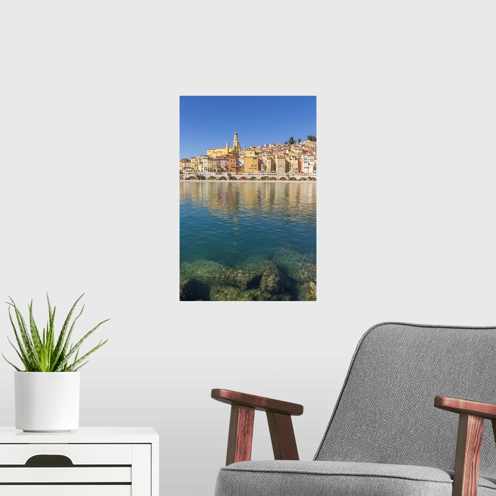 A modern room featuring The old town with the Saint-Michel-Archange Basilica, Menton, Alpes Maritimes, Cote d'Azur, Frenc...