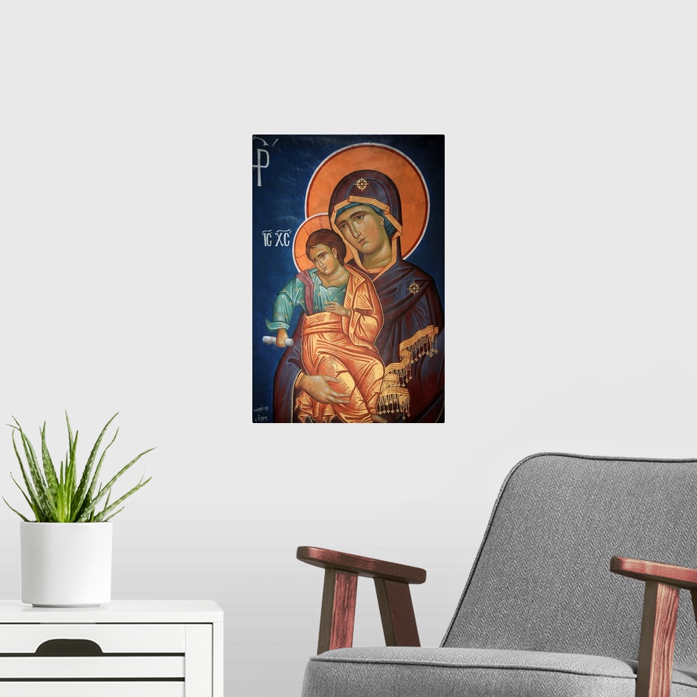 A modern room featuring Virgin and Child, Greek Orthodox icon, Thessaloniki, Macedonia, Greece
