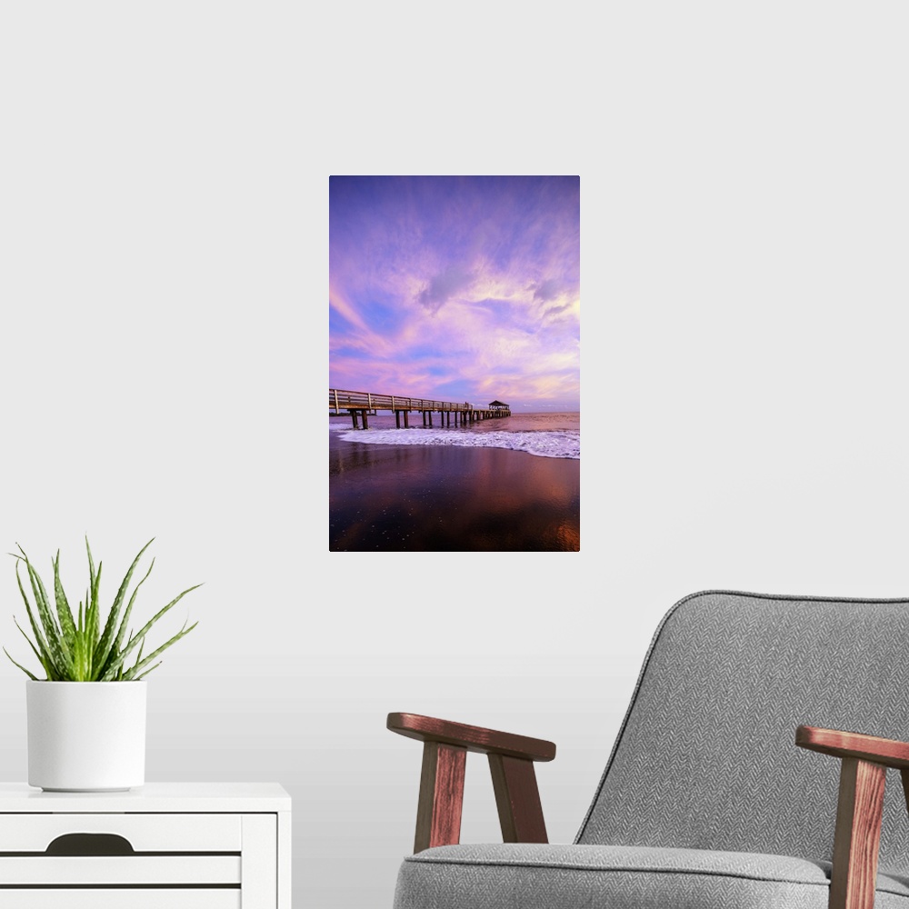 A modern room featuring Waimea Bay State Pier at sunset, Waimea, Kauai Island, Hawaii, United States of America, North Am...