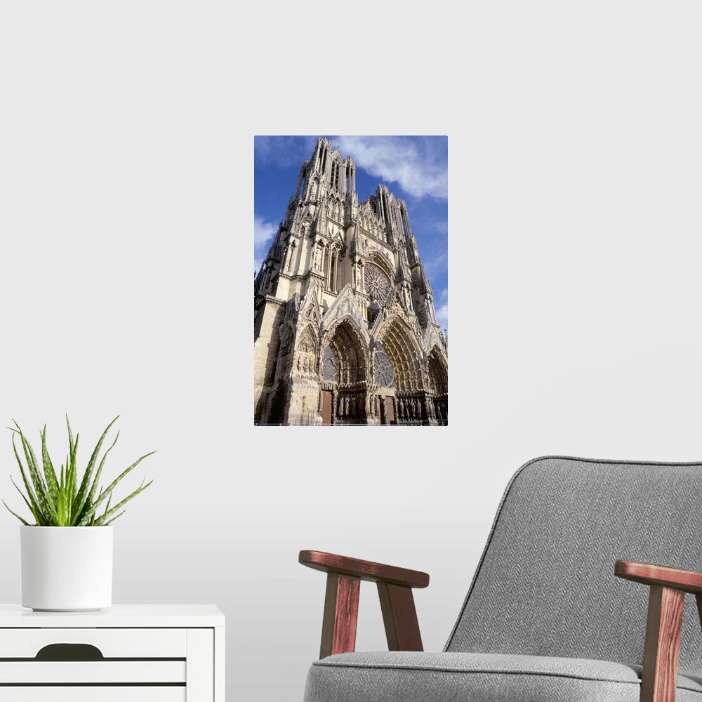 A modern room featuring West front of Reims cathedral, Champagne region, France