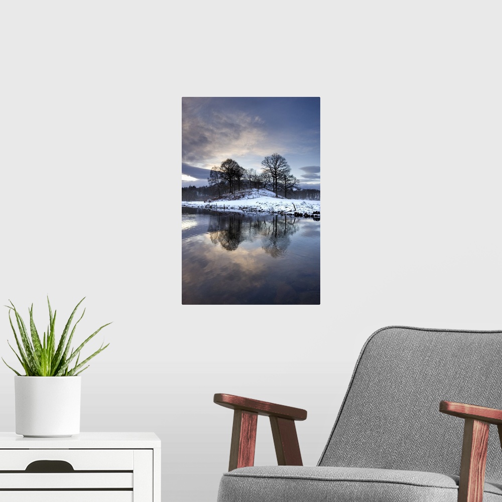 A modern room featuring Winter view of River Brathay at dawn, Ambleside, Cumbria, England