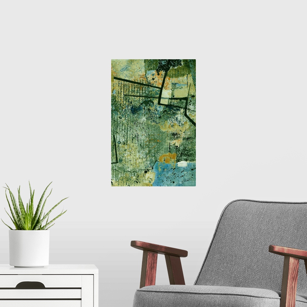 A modern room featuring Contemporary abstract painting using pale green and bold contrasting lines.