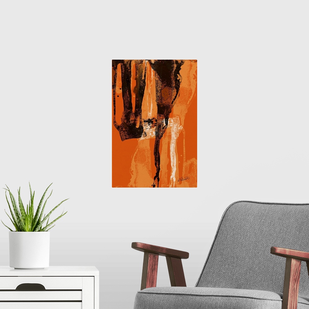 A modern room featuring Abstract painting with a bright orange background and black, white, and lighter orange brushstrok...