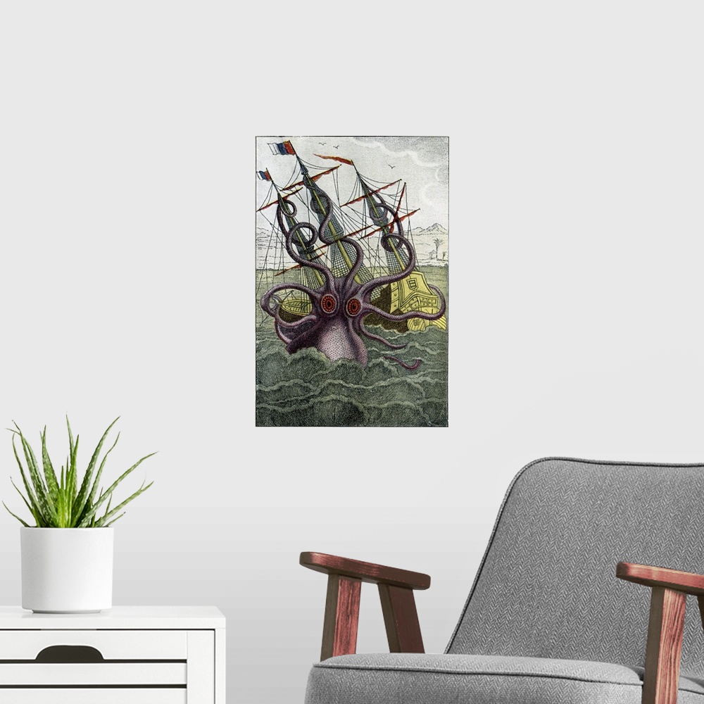 A modern room featuring 16th Century French engraving. Historical coloured print of a mythical giant squid (Kraken) attac...
