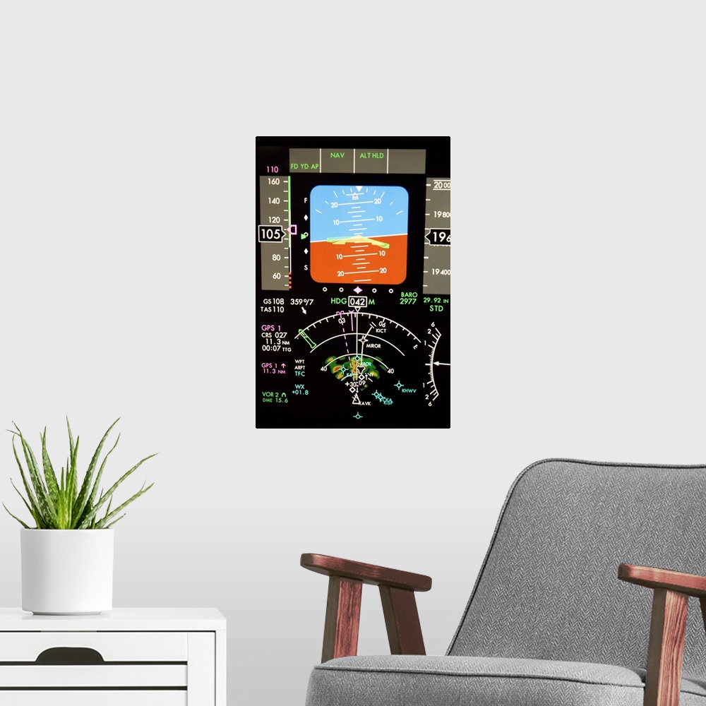 A modern room featuring Areoplane control panel. LCD control panel display in an aeroplane's cockpit showing altitude and...