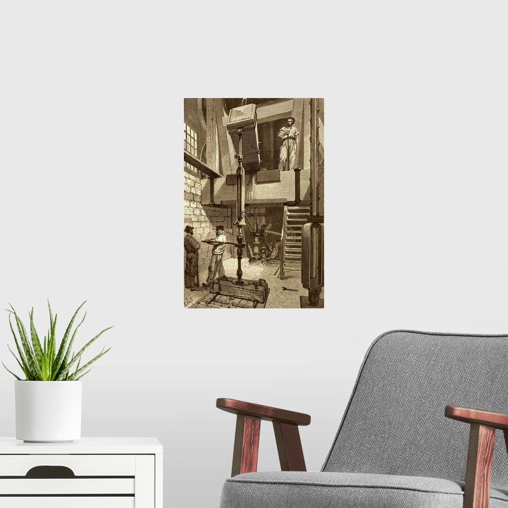 A modern room featuring Boring a hole. Historical artwork of workers using a steam-powered boring device to dig a deep ho...