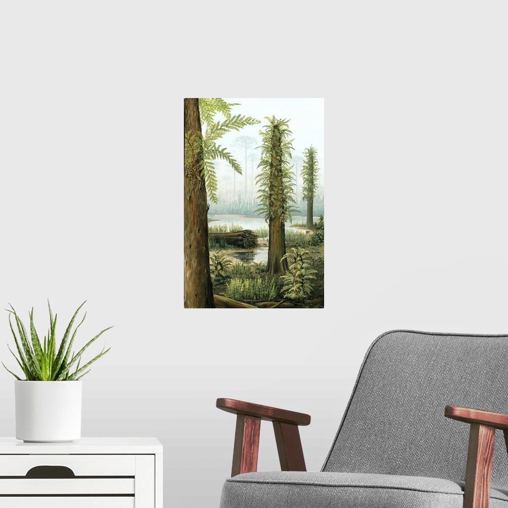 A modern room featuring Cretaceous tree ferns. Artwork showing several Tempskya tree ferns, depicted in the Lower to Mid-...