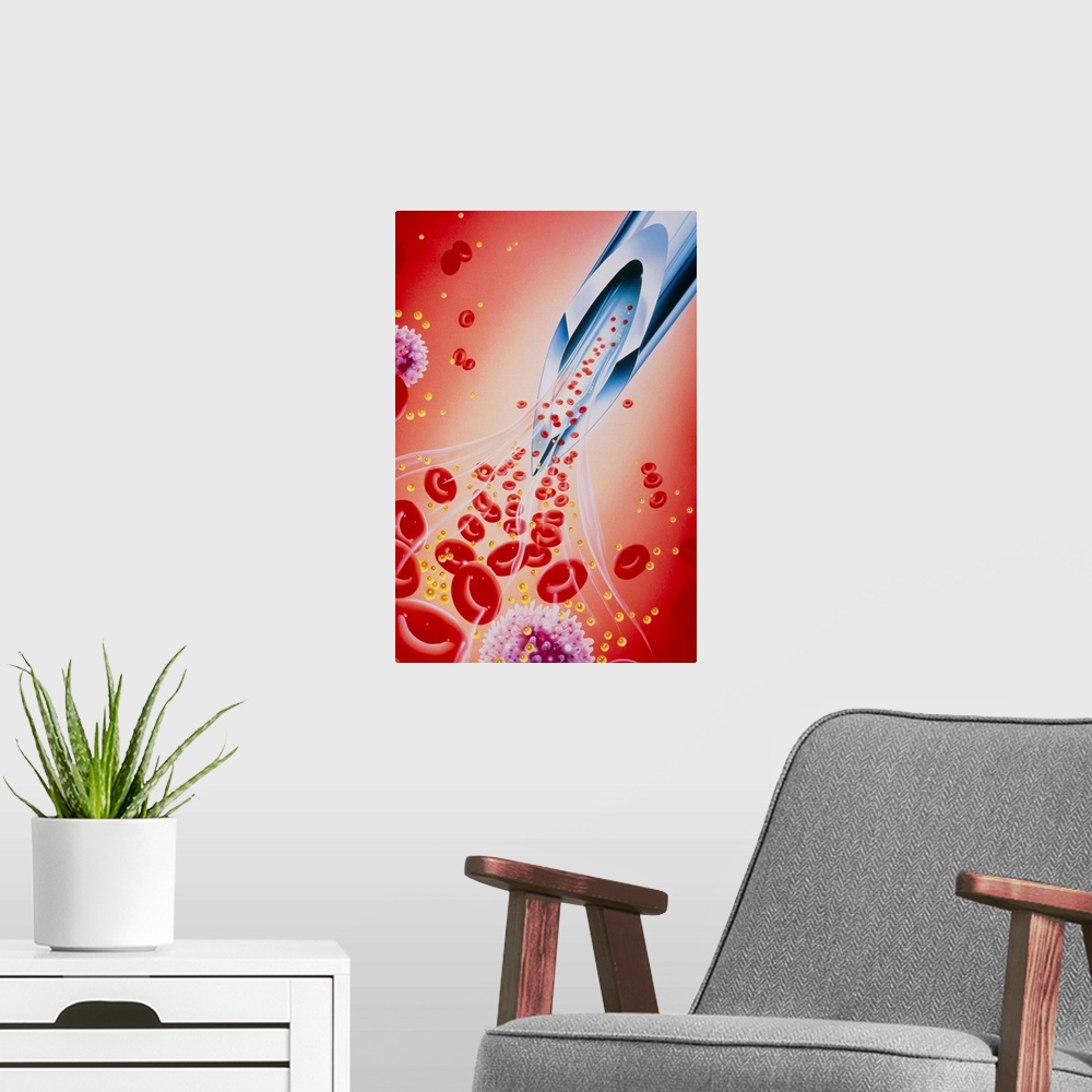 A modern room featuring Illustration of a syringe needle sampling blood products, including the low-density lipoprotein (...