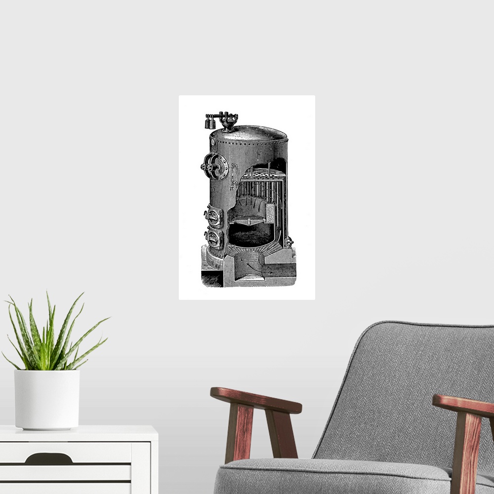 A modern room featuring Mathian steam boiler. Cutaway artwork showing the interior of a Mathian steam boiler. This design...