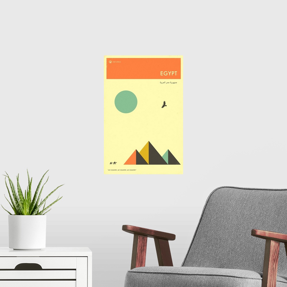 A modern room featuring Minimalist retro style Visit Africa travel poster for Egypt.