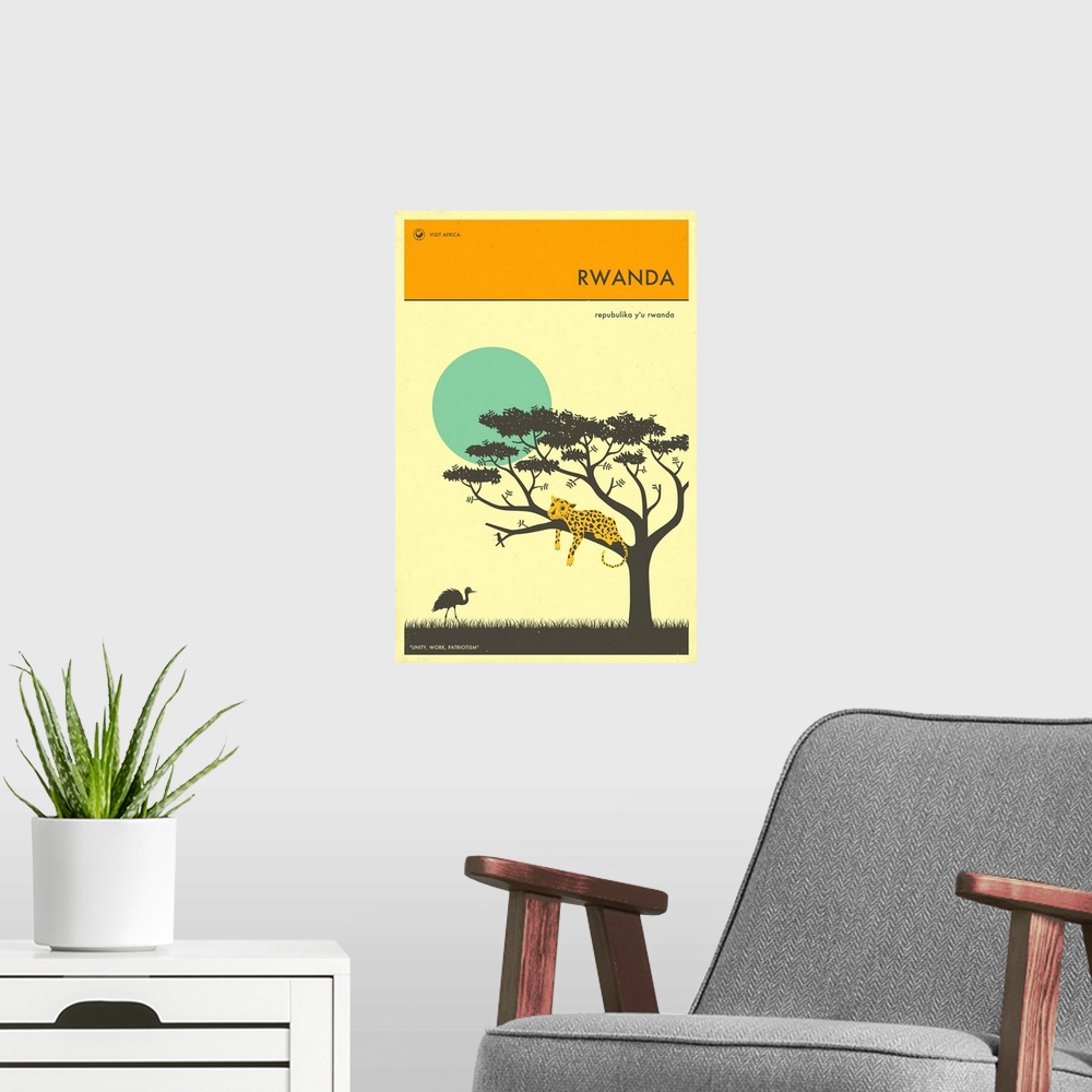 A modern room featuring Minimalist retro style Visit Africa travel poster for Rwanda.