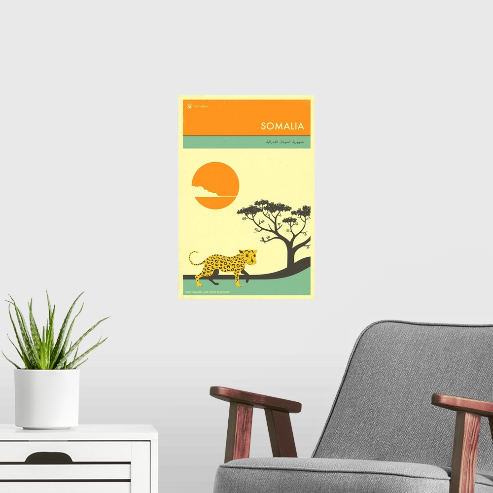 A modern room featuring Minimalist retro style Visit Africa travel poster for Somalia.