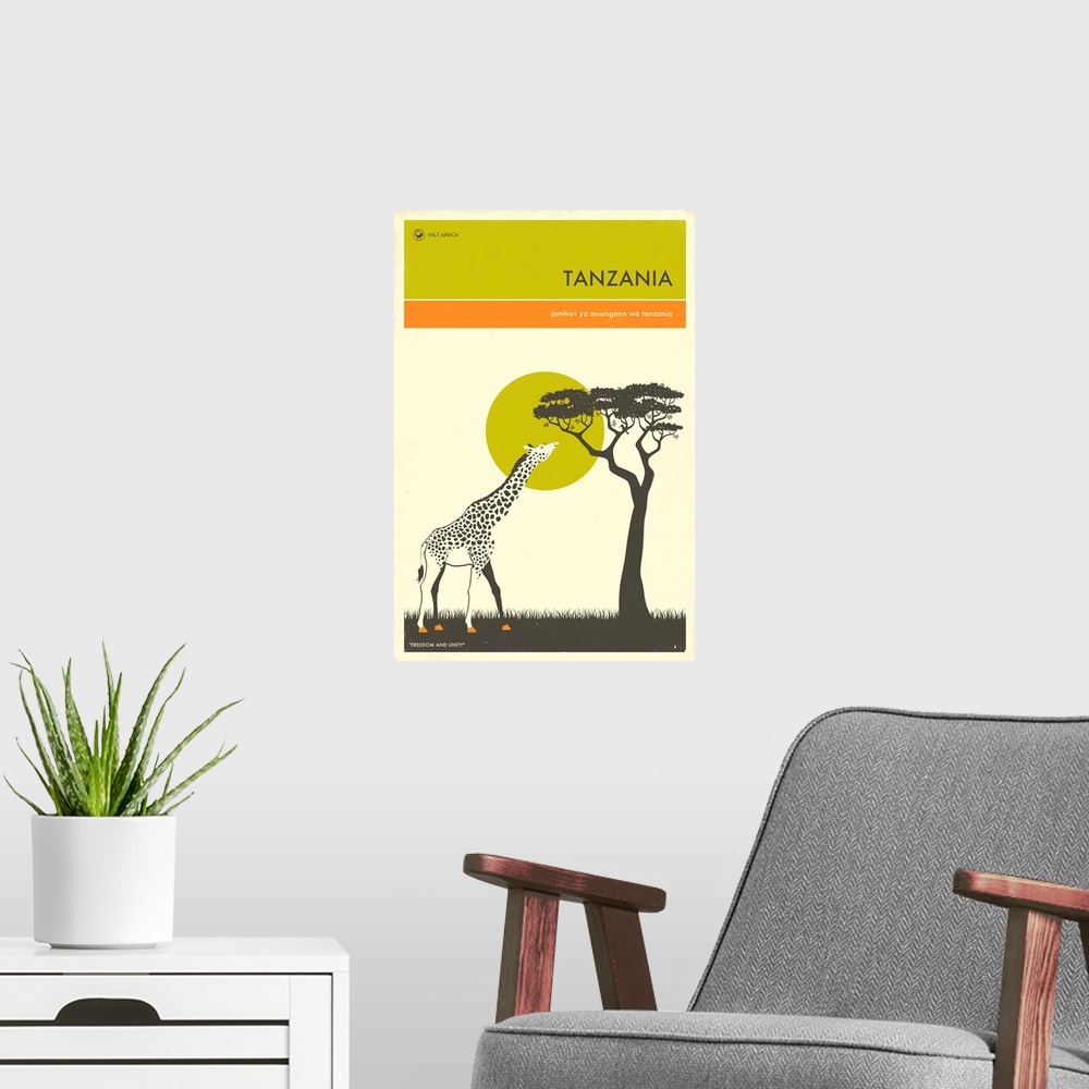A modern room featuring Minimalist retro style Visit Africa travel poster for Tanzania.
