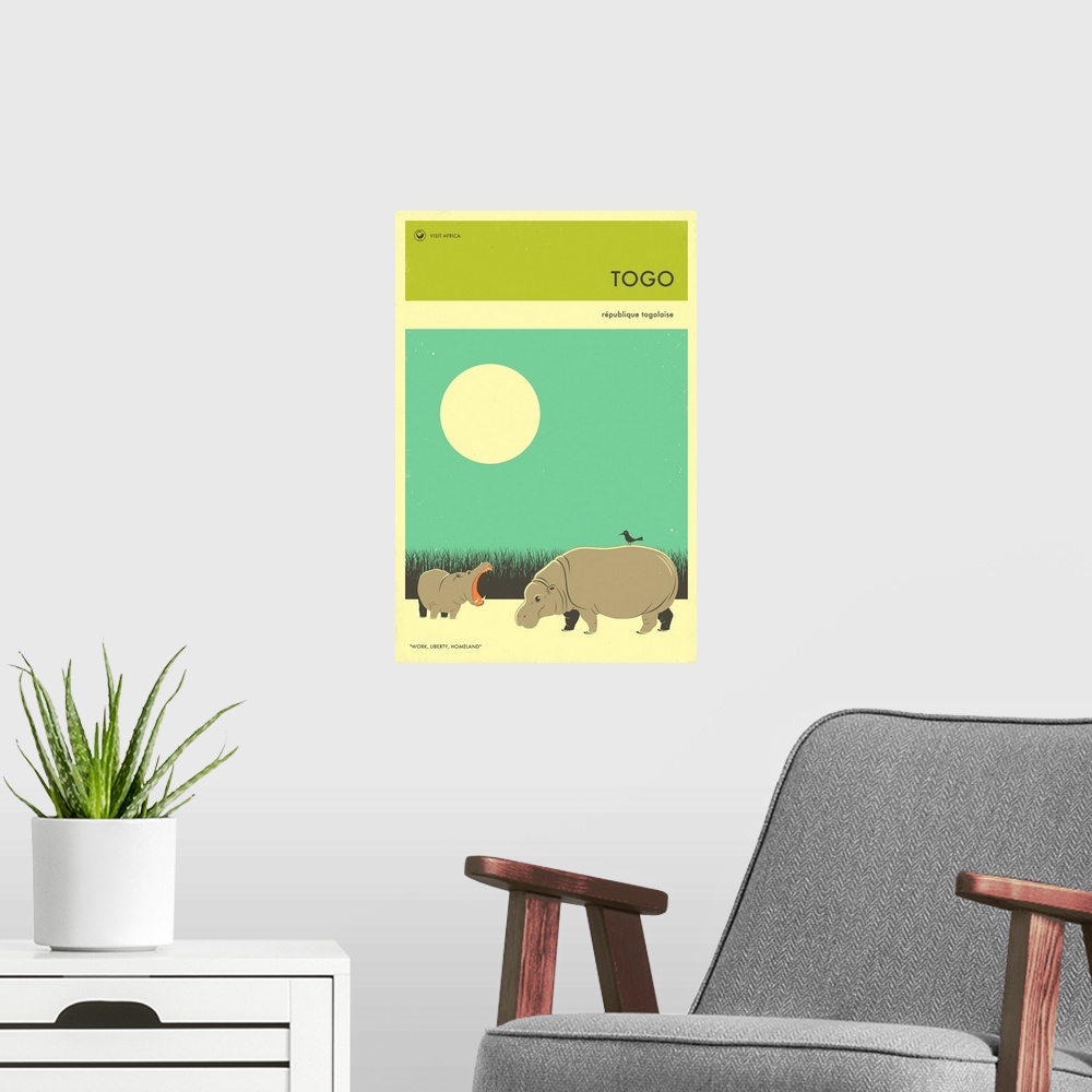 A modern room featuring Minimalist retro style Visit Africa travel poster for Togo.