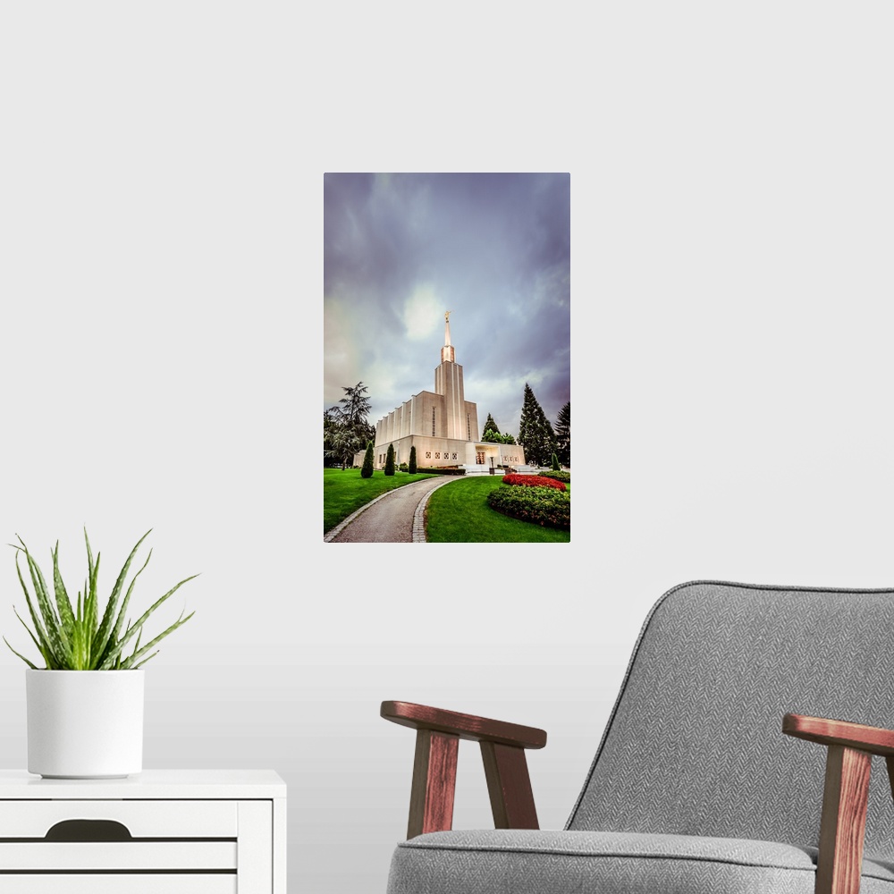 A modern room featuring The Bern Switzerland Temple is the ninth operating temple. The striking white building stands on ...