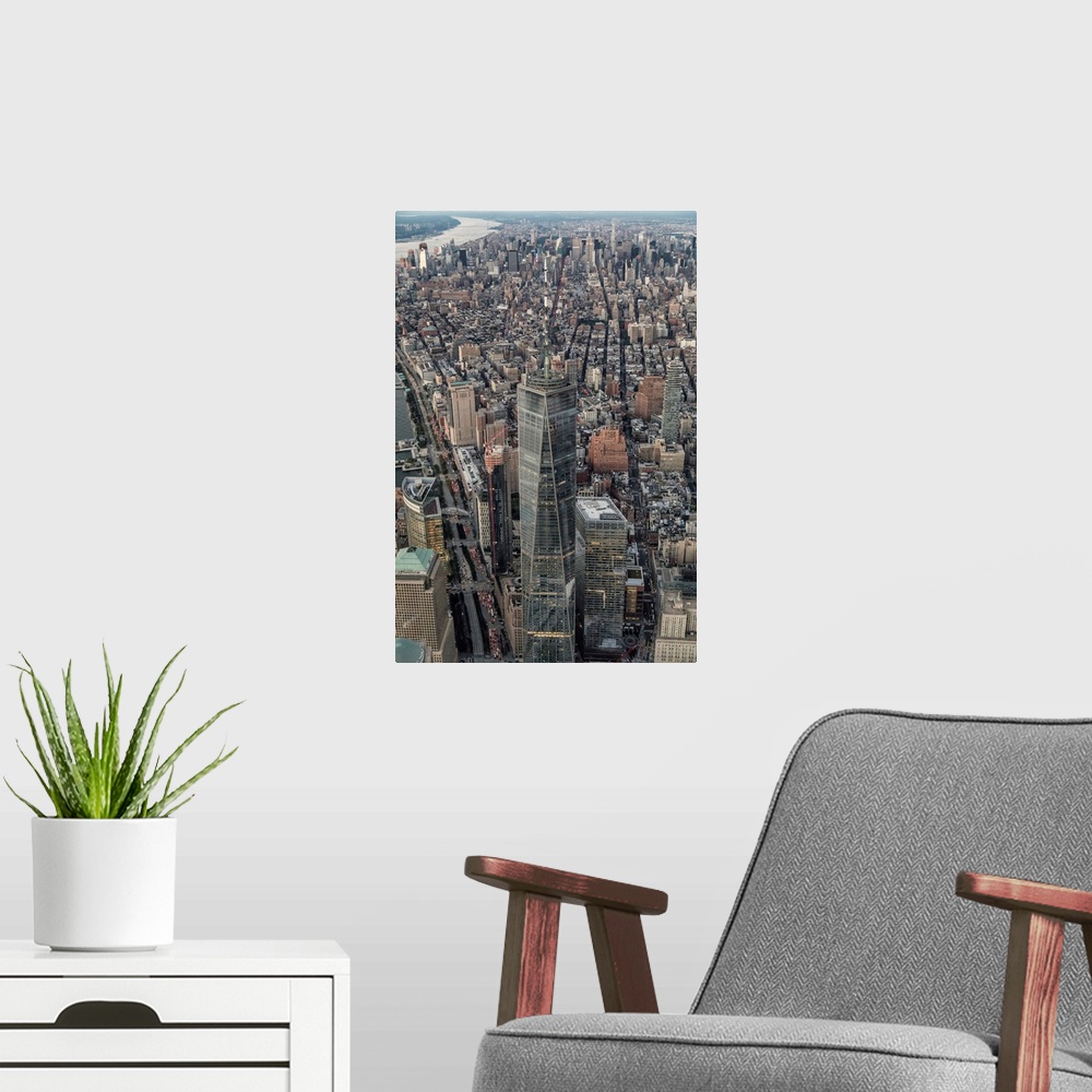 A modern room featuring Aerial view of Freedom Tower and New York City