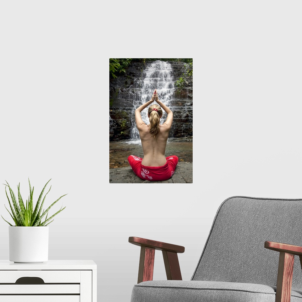 A modern room featuring Woman Meditation Waterfall