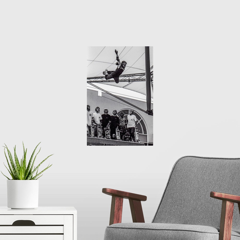 A modern room featuring Vintage photo of legendary skateboarder Christian Hosoi, shot in la in 1988. Photo may have a fil...