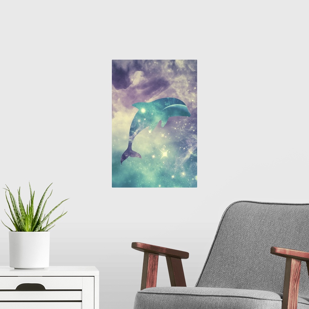 A modern room featuring Silhouette of a leaping dolphin with stars and clouds over a starry space scene.