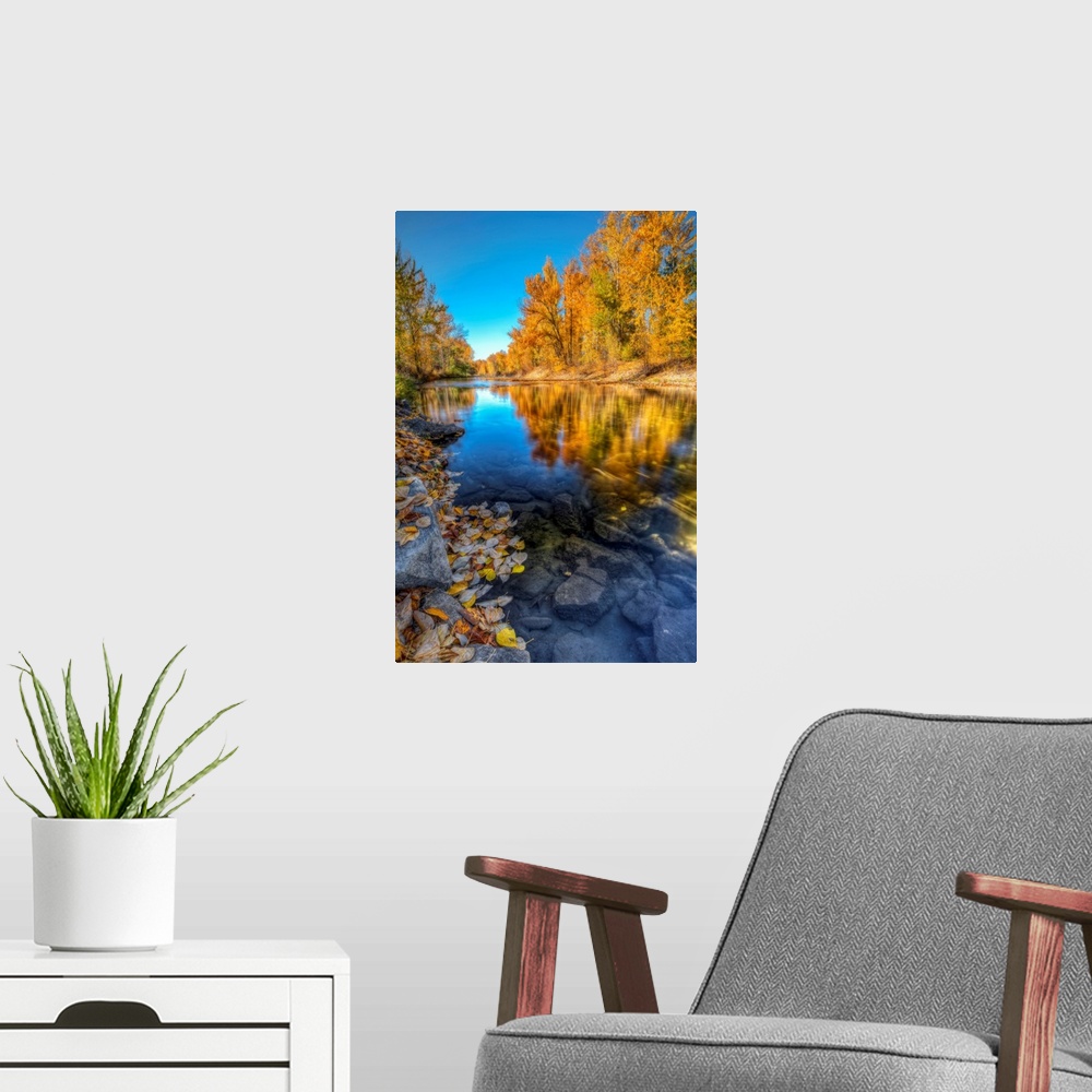 A modern room featuring A clear blue sky fall day with colorful trees reflecting along Mission Creek British Columbia, Ca...