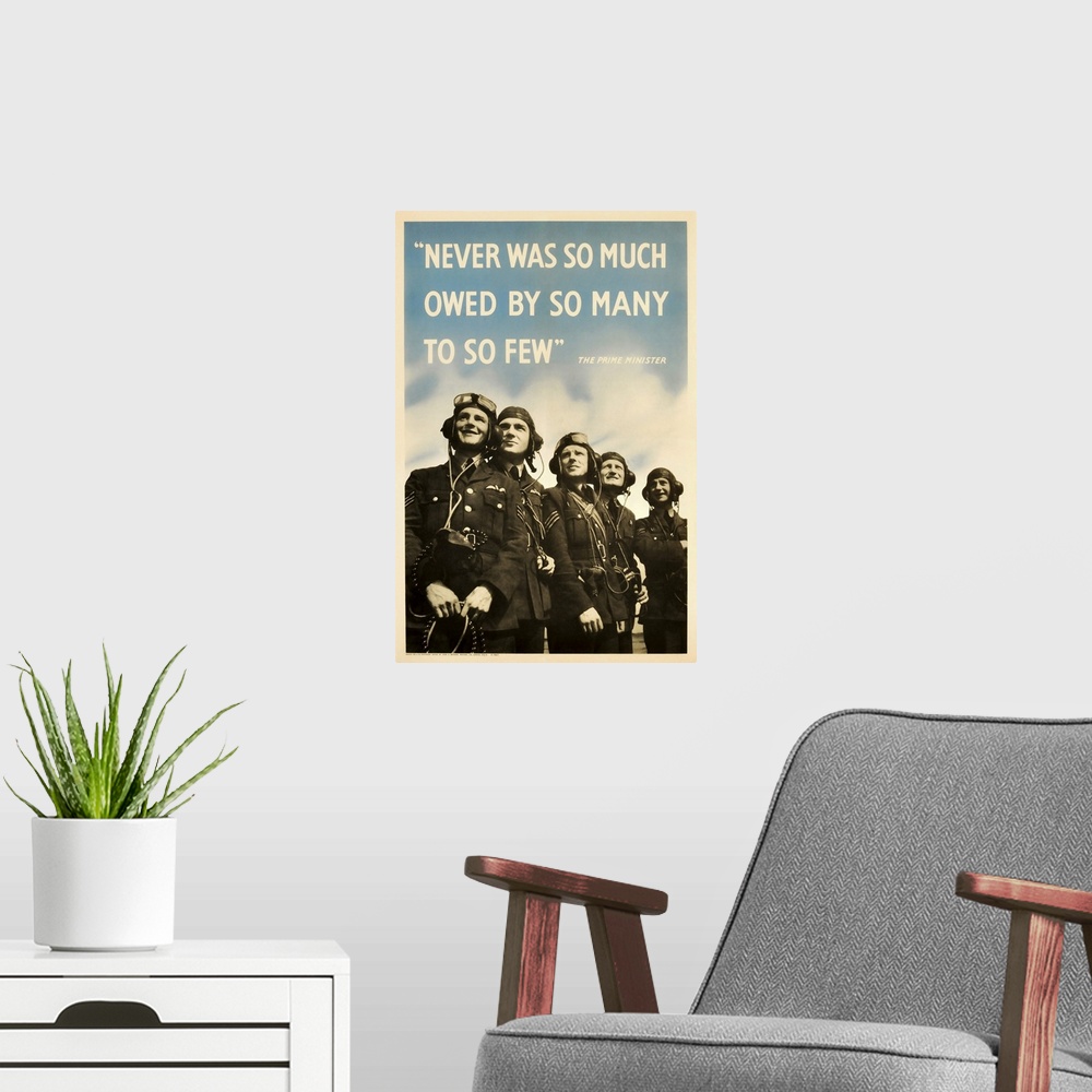 A modern room featuring British military history poster featuring members of The Royal Air Force.