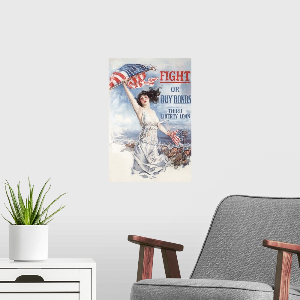 A modern room featuring Digitally restored vector war propaganda poster. This vintage World War 1 poster features Lady Li...