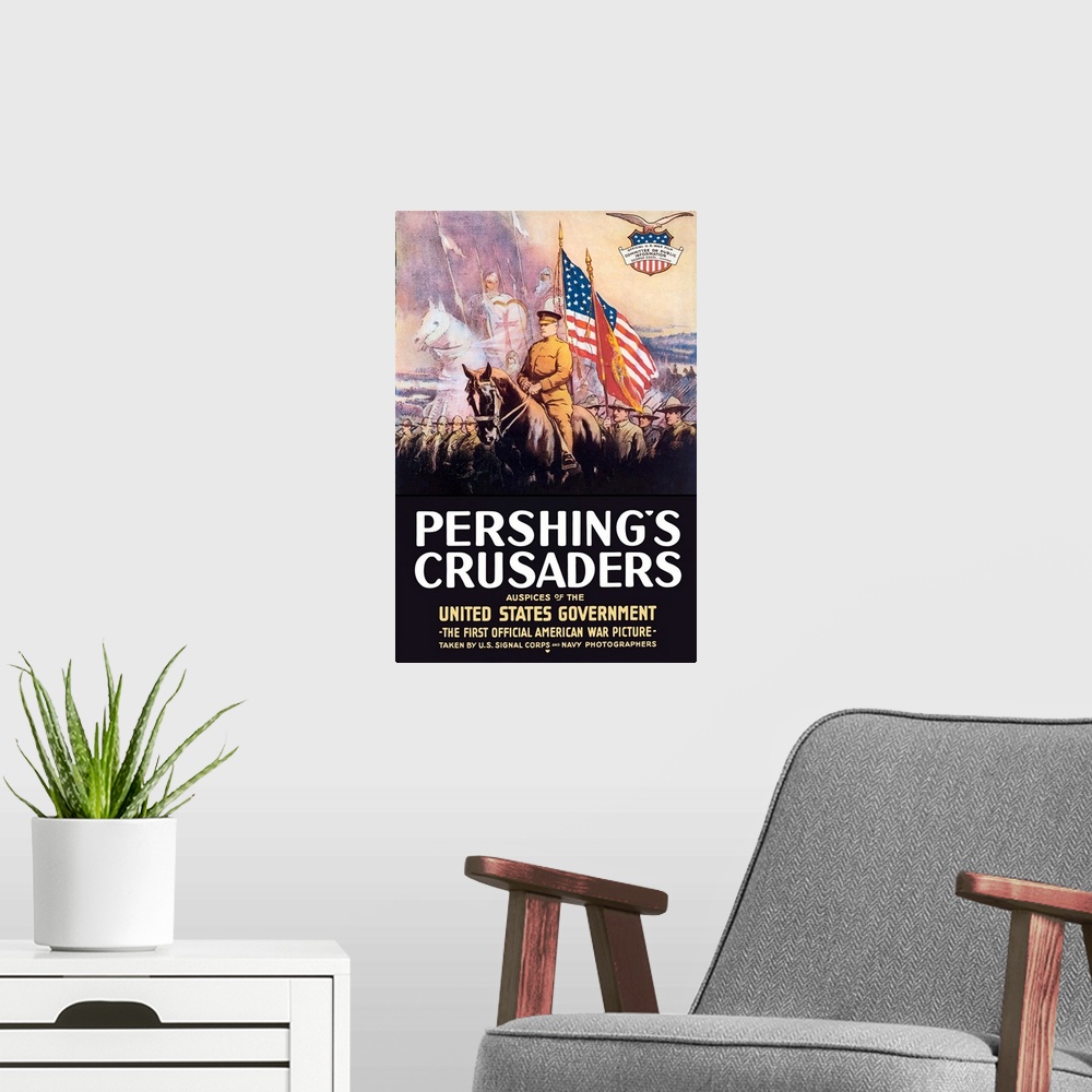 A modern room featuring Digitally restored vector war propaganda poster. This vintage World War One poster features Gener...