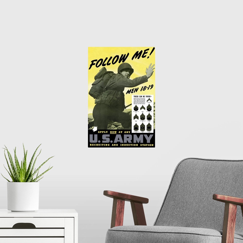 A modern room featuring This vintage World War Two poster features an Army Infantryman urging you forward.