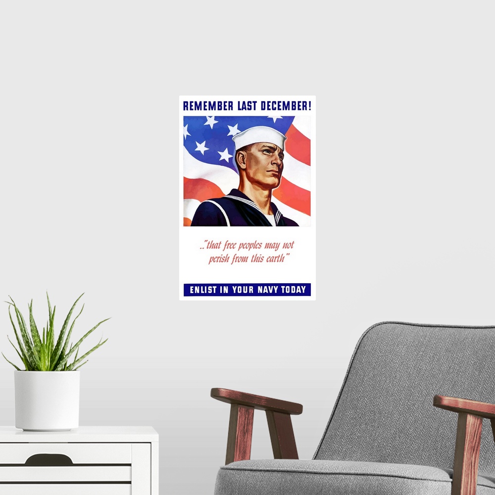 A modern room featuring Digitally restored vector war propaganda poster. This vintage World War II naval recruiting poste...
