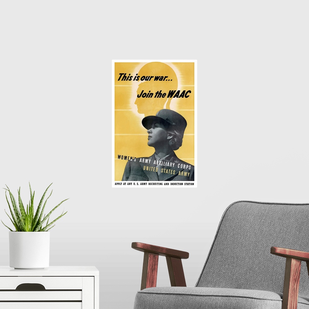 A modern room featuring Digitally restored vector war propaganda poster. This vintage World War II poster features the si...