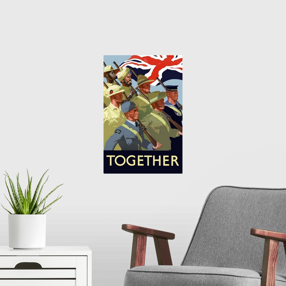 A modern room featuring Digitally restored vector war propaganda poster. This vintage World War II poster features the tr...