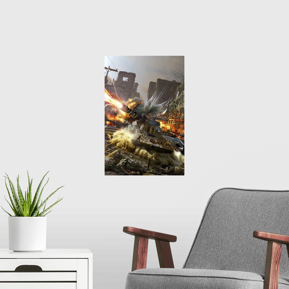 A modern room featuring Futuristic hover tank fighting in a ruin city.