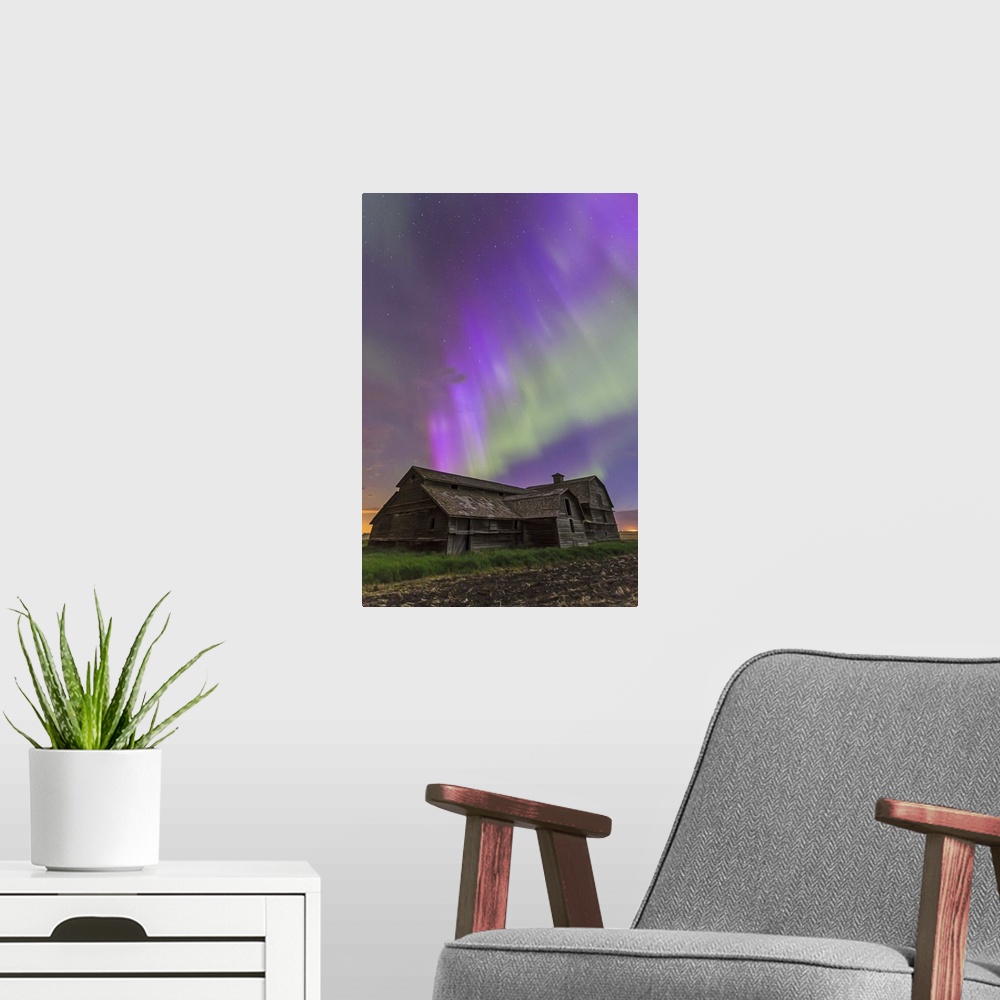 A modern room featuring June 7-8, 2014 - An all-sky aurora with green and purple curtains in southern Alberta. The Big Di...