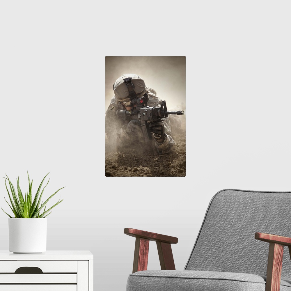 A modern room featuring U.S. Army Ranger in Afghanistan combat scene.