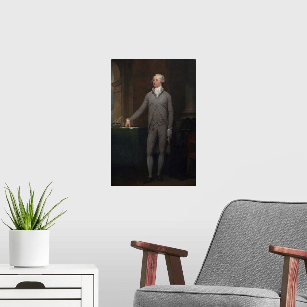 A modern room featuring Vintage American History painting of Alexander Hamilton.