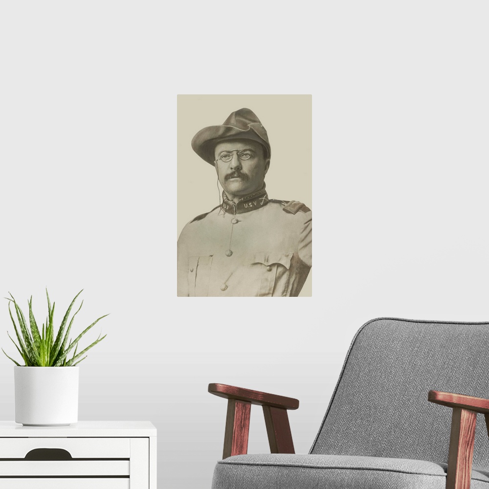 A modern room featuring Vintage American History print of Colonel Theodore Roosevelt.
