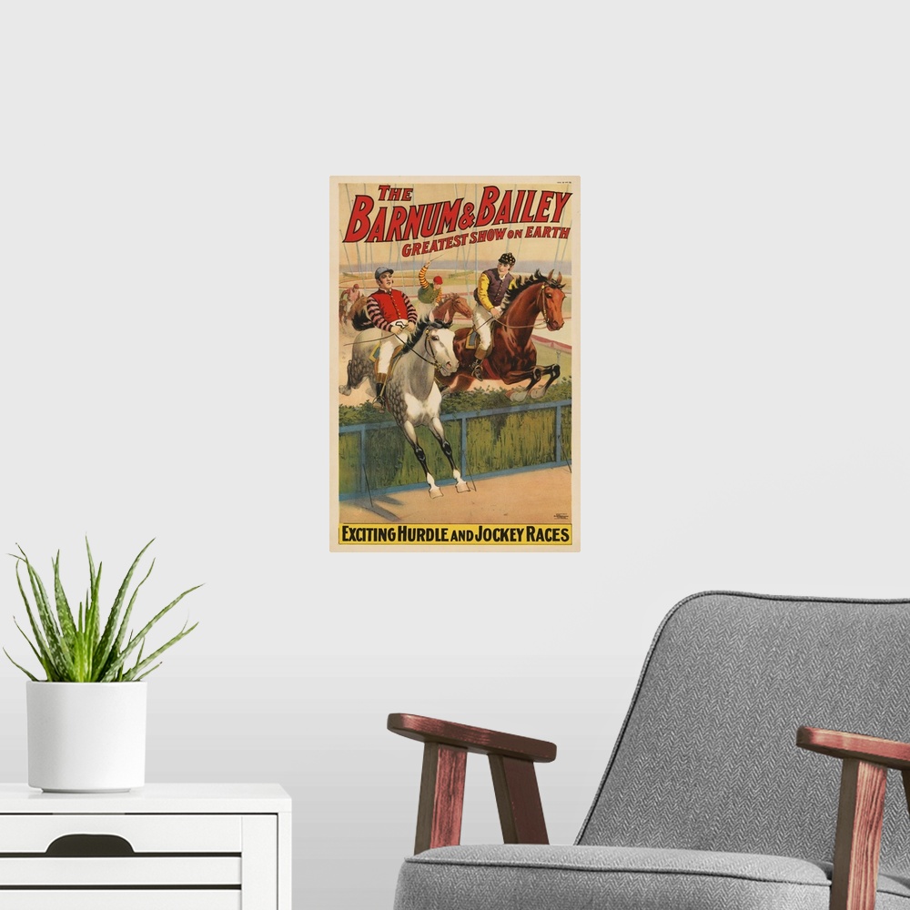 A modern room featuring Vintage Barnum & Bailey Circus Poster Of Jockeys On Horses Jumping A Hedge, 1900