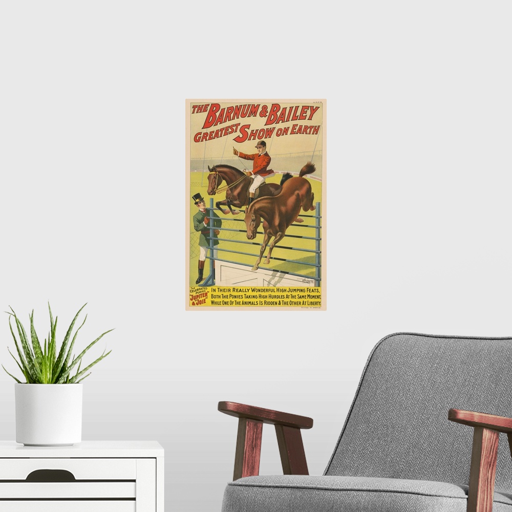 A modern room featuring Vintage Barnum & Bailey Circus Poster Of Two Ponies Jumping Over An Obstacle, 1898
