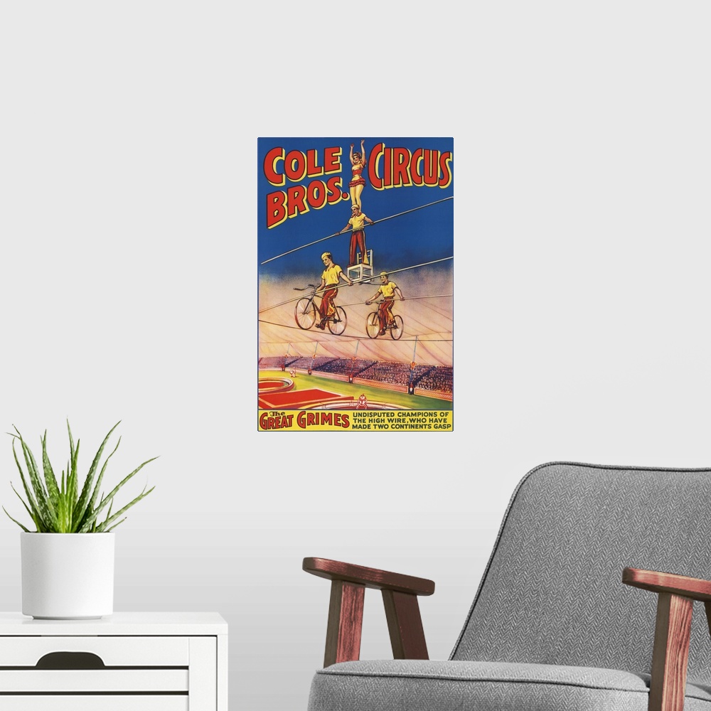 A modern room featuring Vintage Cole Brothers Circus Poster Of High Wire Acrobats, 1890