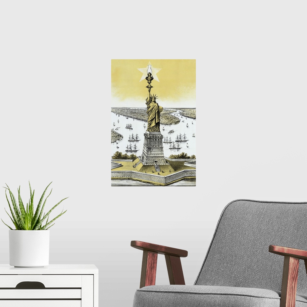A modern room featuring Vintage color architecture print featuring The Statue of Liberty.